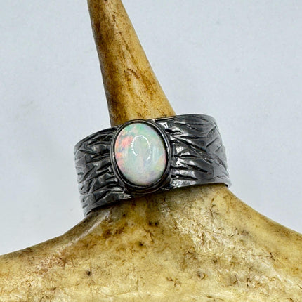 Fire Opal Ring Vintage Silver Band 925 Sterling Blue Heart Shaped Gemstone-Rings-TomWayne Jewelers