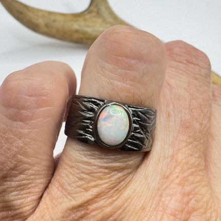 Fire Opal Ring Vintage Silver Band 925 Sterling Blue Heart Shaped Gemstone-Rings-TomWayne Jewelers