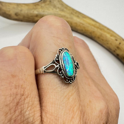 Vintage Blue Opal Sterling Silver Ring: Celtic Boho Band