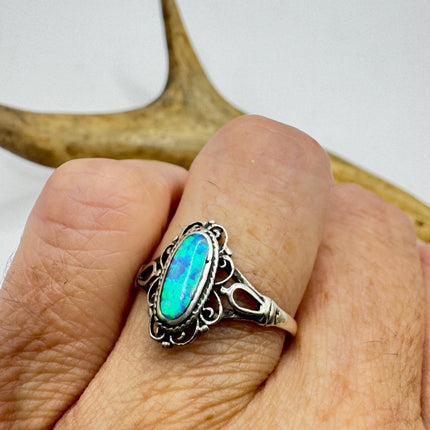 Vintage Blue Opal Sterling Silver Ring: Celtic Boho Band
