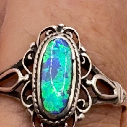 Vintage Blue Opal Sterling Silver Ring: Celtic Boho Band