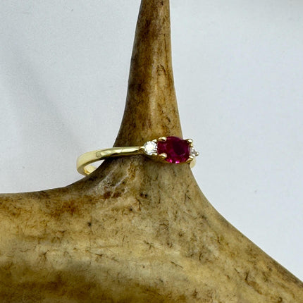 Vintage Tiny Red Ruby Clear Crystal Stacking Ring - Gold 925 Sterling Silver