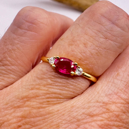 Vintage Tiny Red Ruby Clear Crystal Stacking Ring - Gold 925 Sterling Silver