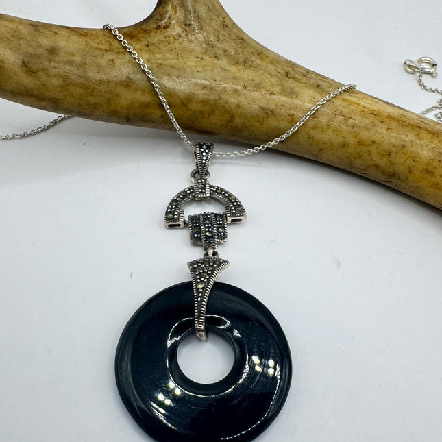 Black Onyx Pendant Vintage Marcasite Necklace – 925 Sterling Silver Choker-Necklaces-TomWayne Jewelers