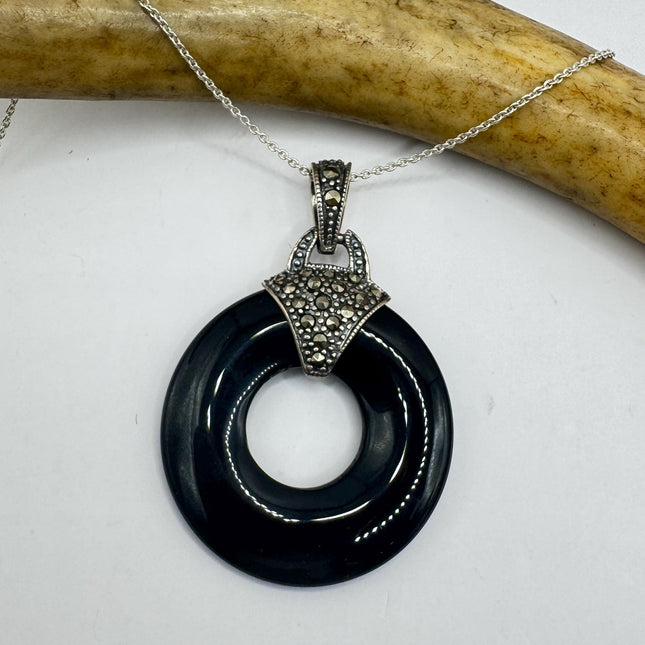 Black Onyx Choker – Vintage Marcasite Pendant 925 Sterling Silver Necklace-Necklaces-TomWayne Jewelers