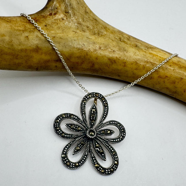 Marcasite Choker Necklace - Vintage Flower Pendant 925 Sterling Silver Jewelry-Necklaces-TomWayne Jewelers