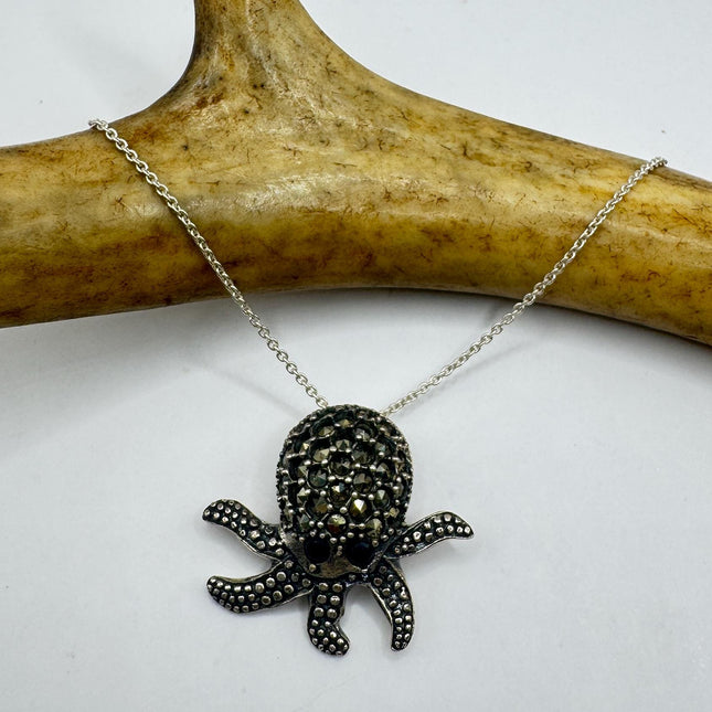 Vintage Octopus Marcasite Pendant Choker Necklace 925 Sterling Silver
