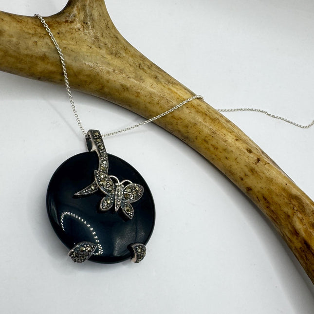 Black Onyx Pendant Necklace – Vintage Marcasite Butterfly Choker 925 Sterling Silver-Necklaces-TomWayne Jewelers
