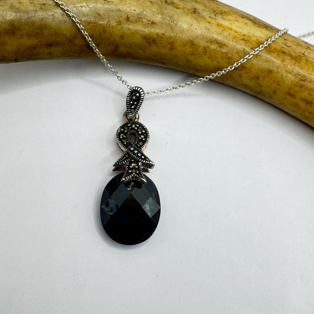 Vintage Marcasite Choker Necklace, Black Jet Stone (Sterling Silver)-Necklaces-TomWayne Jewelers