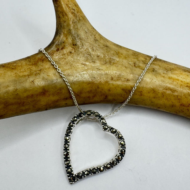 Vintage Marcasite Heart Pendant Necklace: Sterling Silver Dainty Chain-Necklaces-TomWayne Jewelers