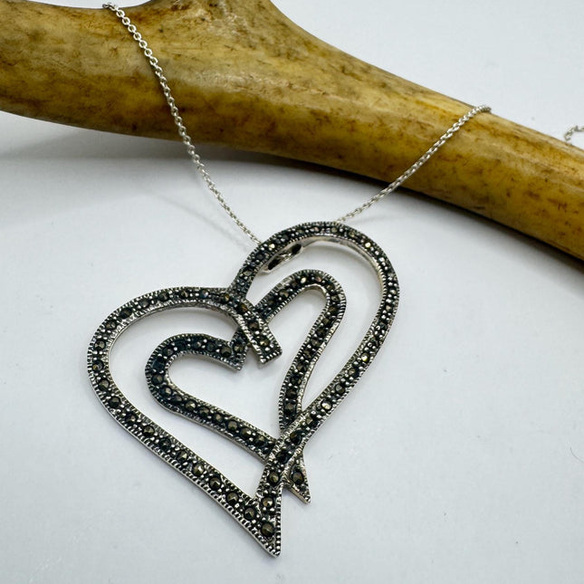 Vintage Marcasite Heart Pendant Necklace: Sterling Silver Dainty Chain-Necklaces-TomWayne Jewelers