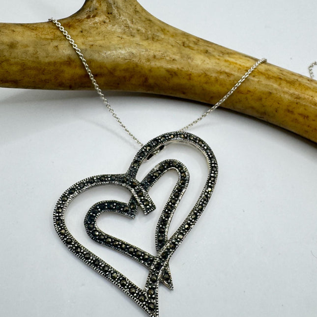 Vintage Marcasite Heart Pendant Necklace: Sterling Silver Dainty Chain