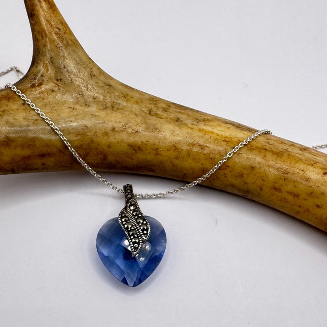 Marcasite Heart Necklace - Vintage Blue Crystal Pendant on Sterling Silver Chain-Necklaces-TomWayne Jewelers