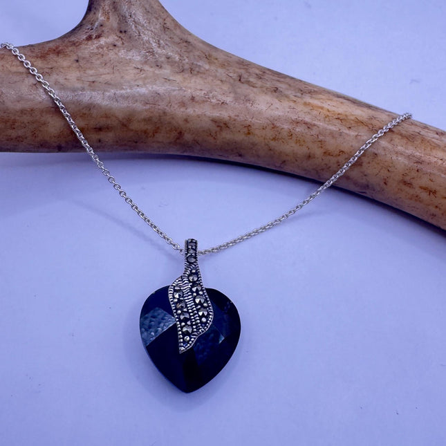 Marcasite Heart Necklace - Vintage Green Crystal Pendant on Sterling Silver Chain-Necklaces-TomWayne Jewelers