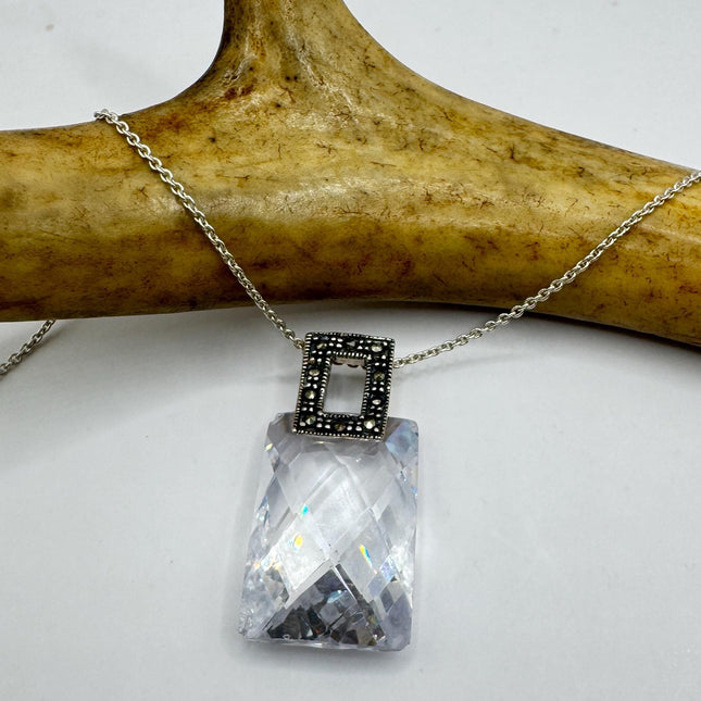 Vintage Marcasite Choker Necklace - Clear Crystal Pendant