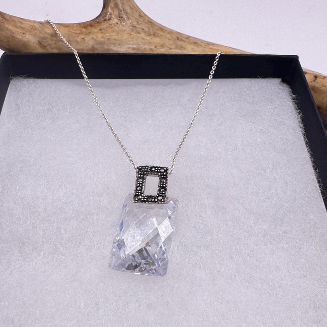 Vintage Marcasite Choker Necklace - Clear Crystal Pendant-Necklaces-TomWayne Jewelers