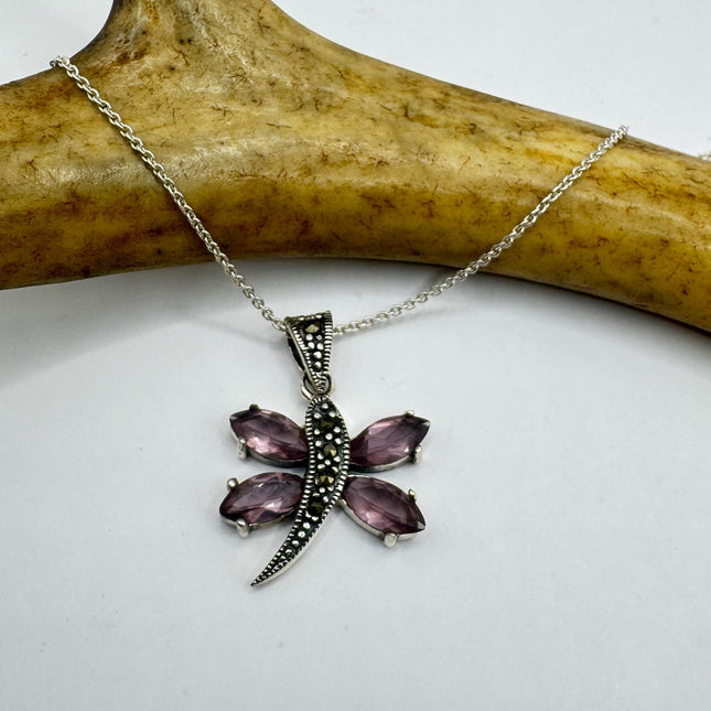 Vintage Purple Amethyst Marcasite Flower 925 Sterling Silver Necklace-Necklaces-TomWayne Jewelers