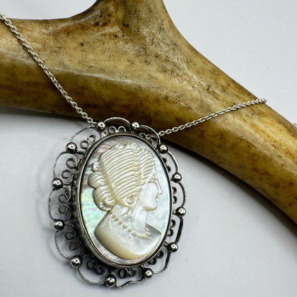 Vintage Abalone Cameo Necklace Pin Brooch 925 Sterling Silver-Necklaces-TomWayne Jewelers