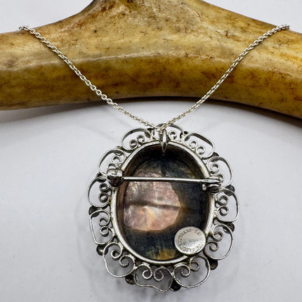 Vintage Abalone Cameo Necklace Pin Brooch 925 Sterling Silver-Necklaces-TomWayne Jewelers