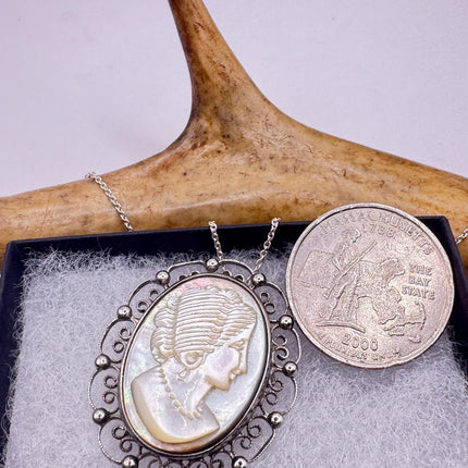 Vintage Abalone Cameo Necklace Pin Brooch 925 Sterling Silver-Necklaces-TomWayne Jewelers