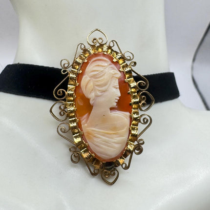 Vintage Carved Shell Cameo Brooch Pin: Gold Filled, Black Velvet Choker