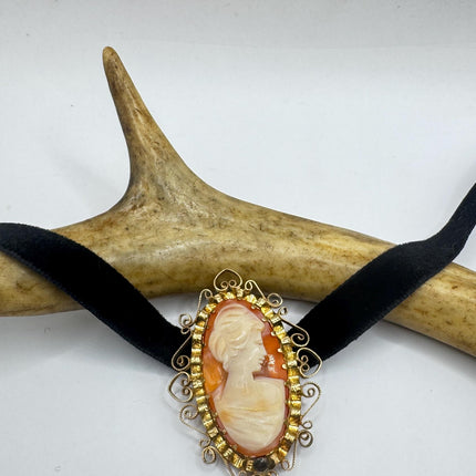 Vintage Carved Shell Cameo Brooch Pin: Gold Filled, Black Velvet Choker