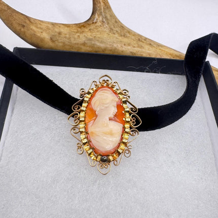 Vintage Carved Shell Cameo Brooch Pin: Gold Filled, Black Velvet Choker