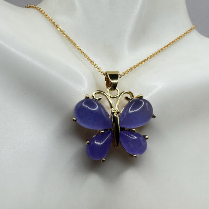 Lavender Jade Necklace – Vintage Butterfly Pendant With Etched Design & Gold Chain-Necklaces-TomWayne Jewelers