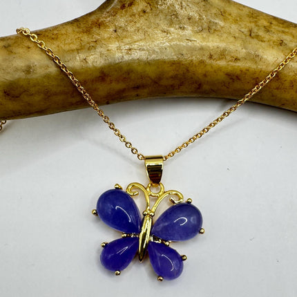 Lavender Jade Necklace – Vintage Butterfly Pendant With Etched Design & Gold Chain-Necklaces-TomWayne Jewelers