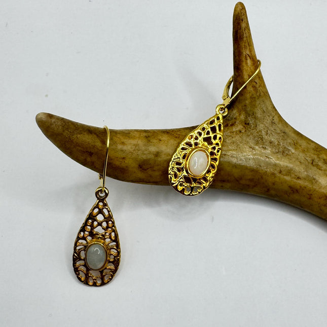 Vintage White Fire Opal lever back Earrings Gold 925 Sterling Silver-Earrings-TomWayne Jewelers