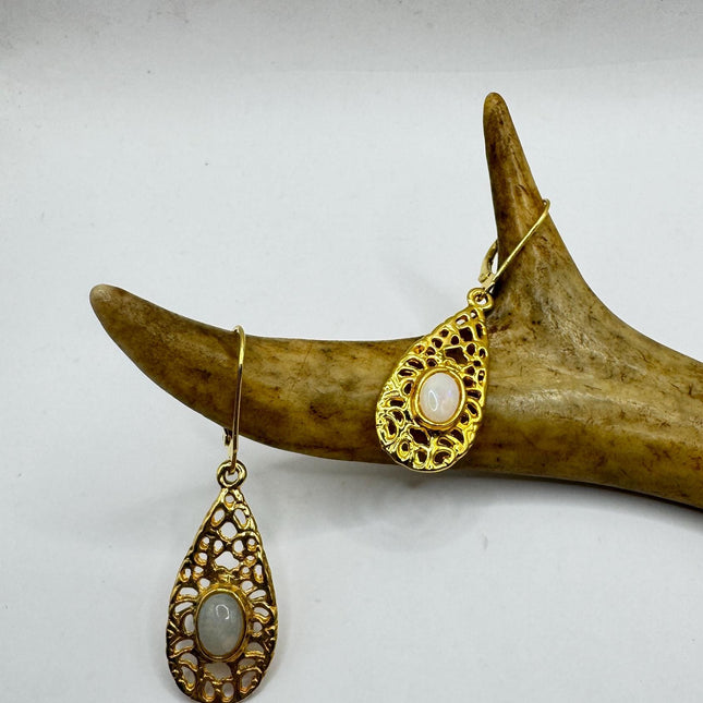 Vintage White Fire Opal lever back Earrings Gold 925 Sterling Silver-Earrings-TomWayne Jewelers