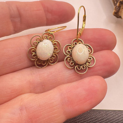 Vintage White Fire Opal lever back Earrings Gold 925 Sterling Silver-Earrings-TomWayne Jewelers