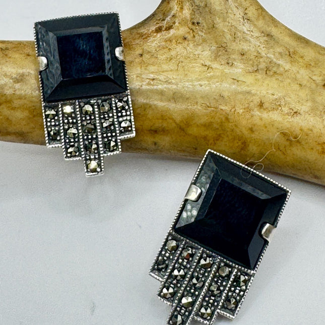 Vintage Marcasite Black Onyx Stud Earrings: Sterling Silver Deco-Earrings-TomWayne Jewelers