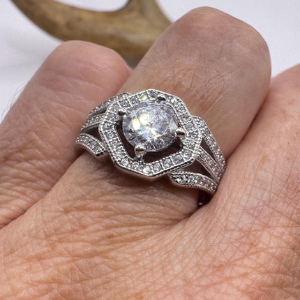 Vintage Deco Cubic Zirconia Engagement Ring 925 Sterling Silver