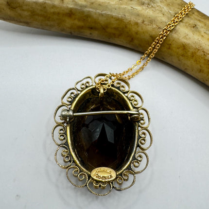 Vintage Deco Smoky Topaz Brooch: Gold Filled Velvet Choker