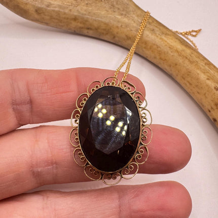 Vintage Deco Smoky Topaz Brooch: Gold Filled Velvet Choker