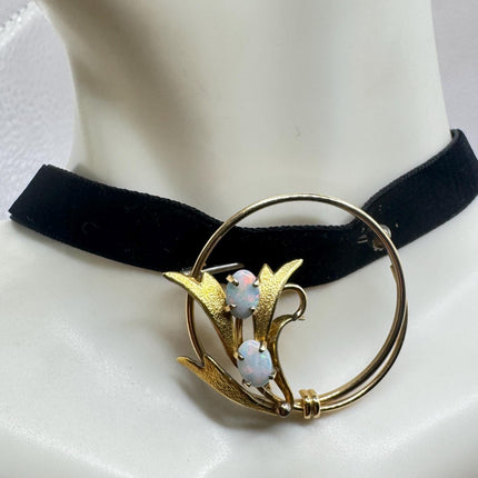 Vintage White Opal Brooch: Gold Filled Velvet Choker-Pins and Brooches-TomWayne Jewelers