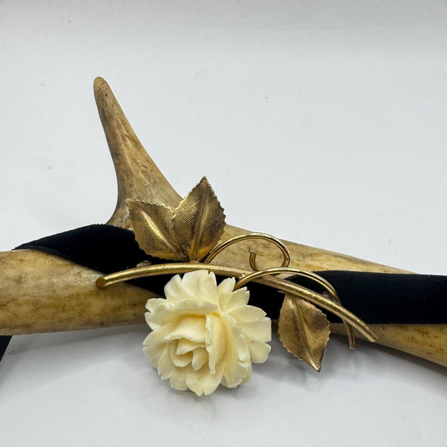 Vintage Ivory Flower Rose Brooch Pin Gold Filled