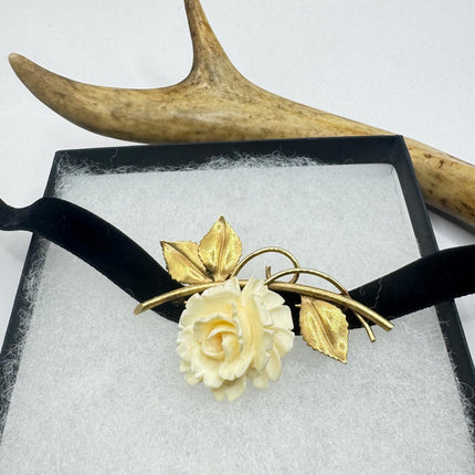 Vintage Ivory Flower Rose Brooch Pin Gold Filled