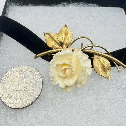 Vintage Ivory Flower Rose Brooch Pin Gold Filled