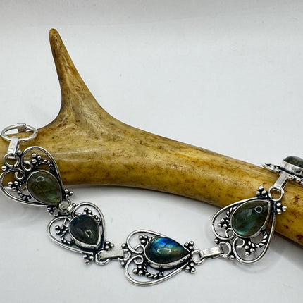 Vintage Rainbow Green Labradorite Silver Bracelet Silver Bronze