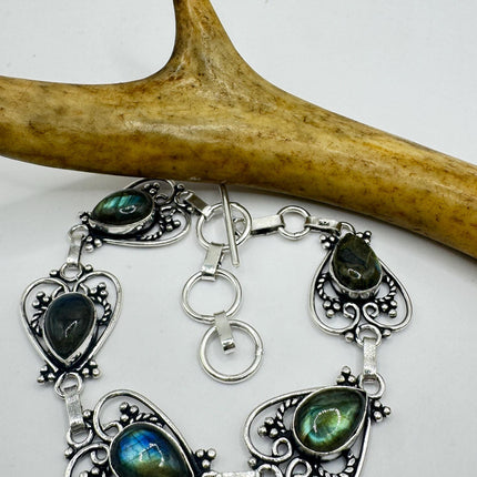 Vintage Rainbow Green Labradorite Silver Bracelet Silver Bronze