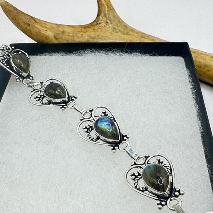 Vintage Rainbow Green Labradorite Silver Bracelet Silver Bronze