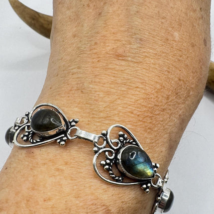 Vintage Rainbow Green Labradorite Silver Bracelet Silver Bronze
