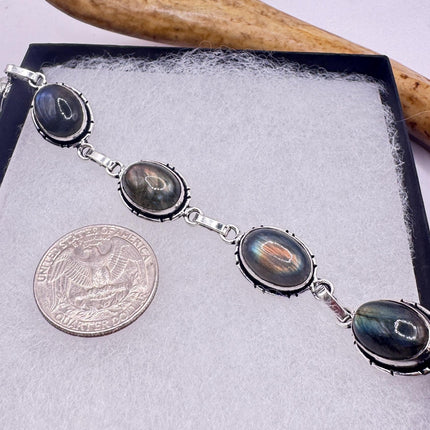 Vintage Rainbow Green Labradorite Silver Bracelet Silver Bronze
