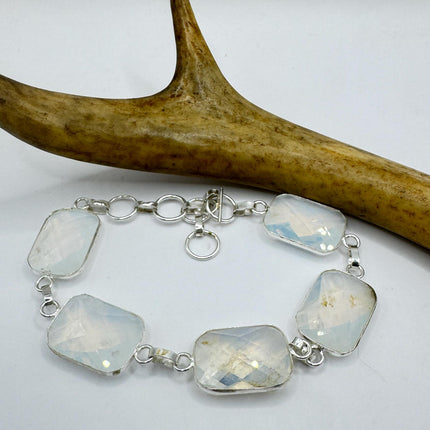 Vintage Opal Milk Glass Silver Bracelet Silver Bronze