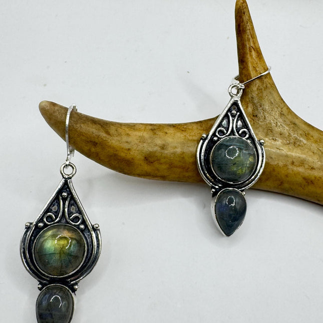 Vintage Labradorite Dangle Earrings Sterling Silver Leverbacks