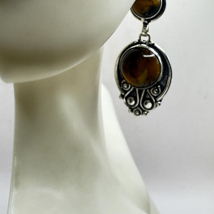 Vintage Tigers Eye Dangle Earrings Sterling Silver Leverbacks-Earrings-TomWayne Jewelers