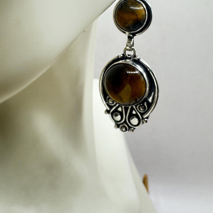 Vintage Tigers Eye Dangle Earrings Sterling Silver Leverbacks-Earrings-TomWayne Jewelers