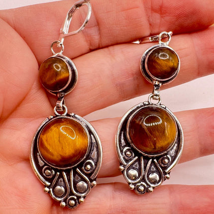 Vintage Tigers Eye Dangle Earrings Sterling Silver Leverbacks-Earrings-TomWayne Jewelers